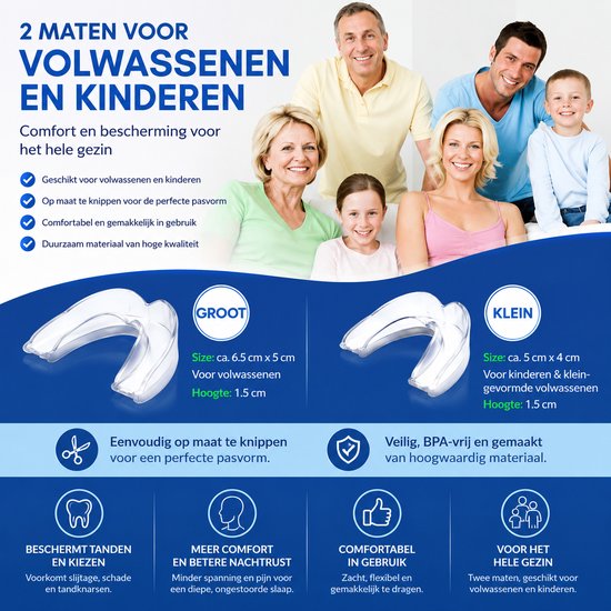 Een familie met knarsbitjes. Geschikt voor volwassenen en kinderen, comfortabel en makkelijk te knippen.