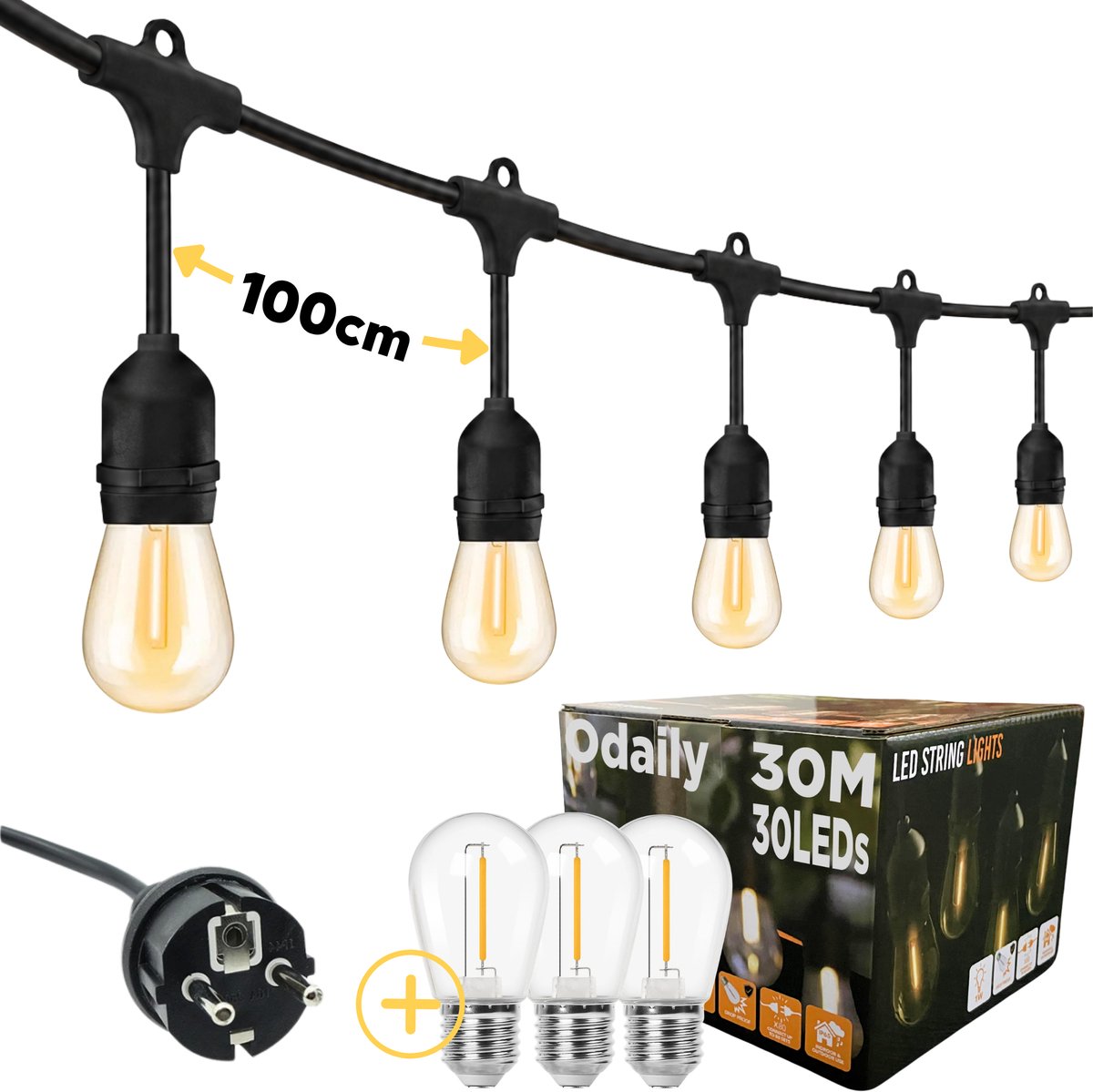 Odaily Lichtsnoer voor Buiten - 30 Meter - 30 LED Lampen - Warm Wit Licht - Professionele Kwaliteit