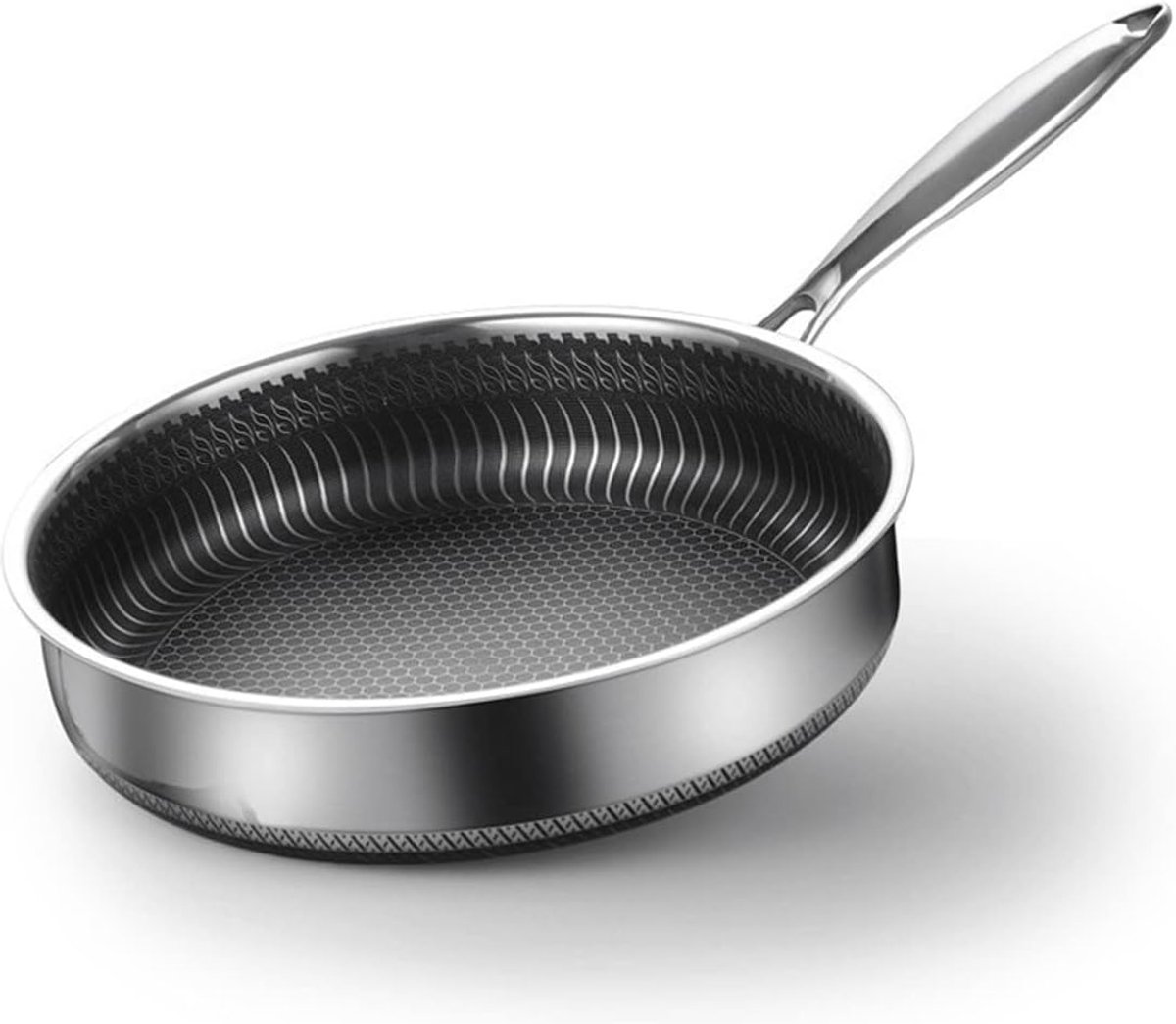 Roestvrijstalen Wokpan - Koekenpan Koop - Gezond Koken - Honingraat Structuur - 28 cm - Zilver