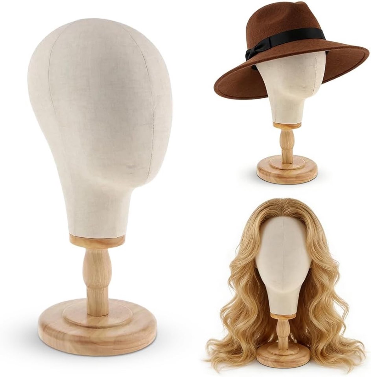 Mannequin Hoofd voor Pruik en Hoed, 54cm Stabiele Stand met Houten Pedestal, Ideaal voor Thuis Salon en Kapperszaken, Multifunctionele Canvas Pop voor Pruiken en Hoeden