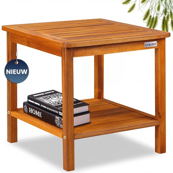 Houten bijzettafel met twee planken, met 'Nieuw' label.