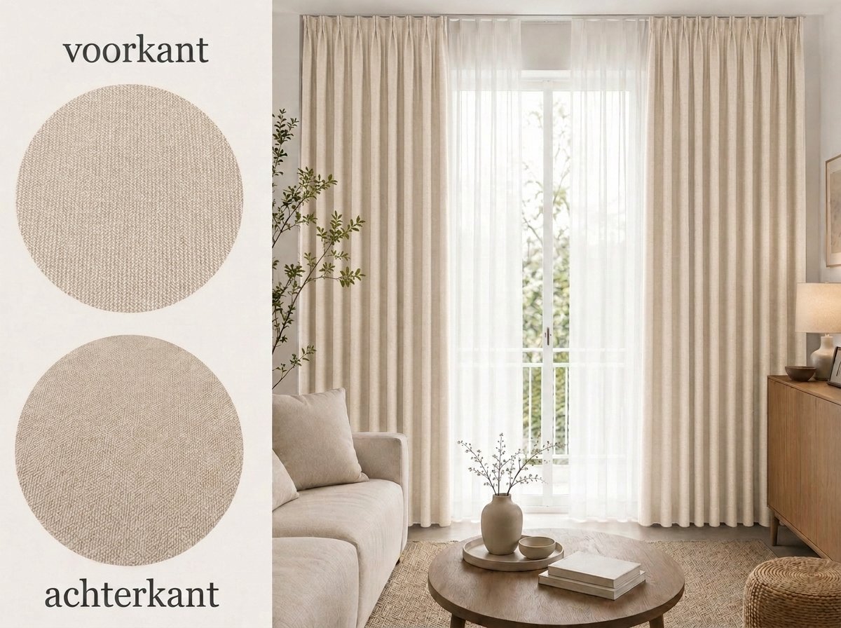 Kant-en-klare 100% Verduisterende & Thermische Gordijnen met Haken (Vlinderplooi) – 140x290 CM – Beige – Linnenlook – Everyday Elegance Elite Series