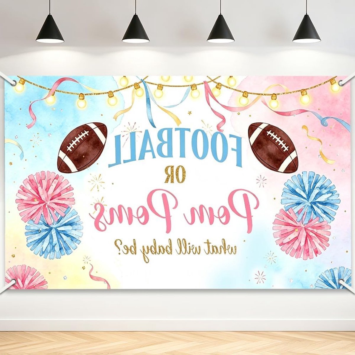 Geslachtsonthulling met voetbal en pompons, creatieve achtergrond voor verjaardagsfeest, decoratie en familiefoto's