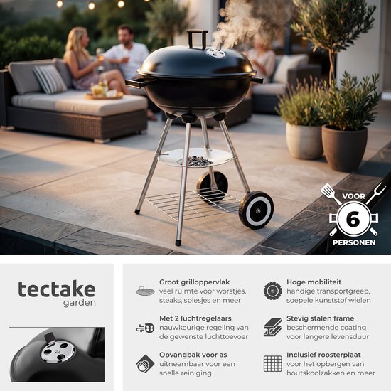 tectake® Houtskool Barbeque - Kogel BBQ - Ø 41,5 cm Grillplaat - Grill met 2 Wielen - Smoker met Deksel - Rond - Zwart - Metaal van TecTake — afbeelding 2