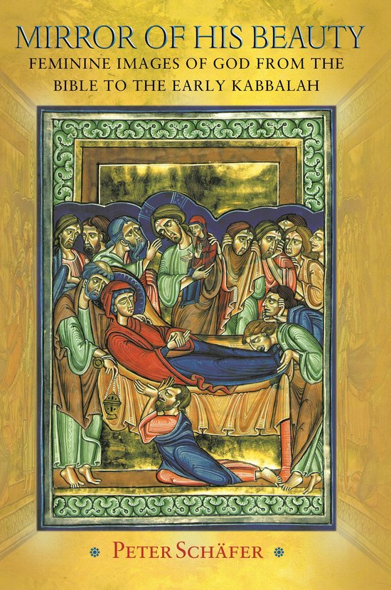 Boekomslag: "Mirror of His Beauty" met een afbeelding van een religieuze scène met vele figuren, door Peter Schäfer.