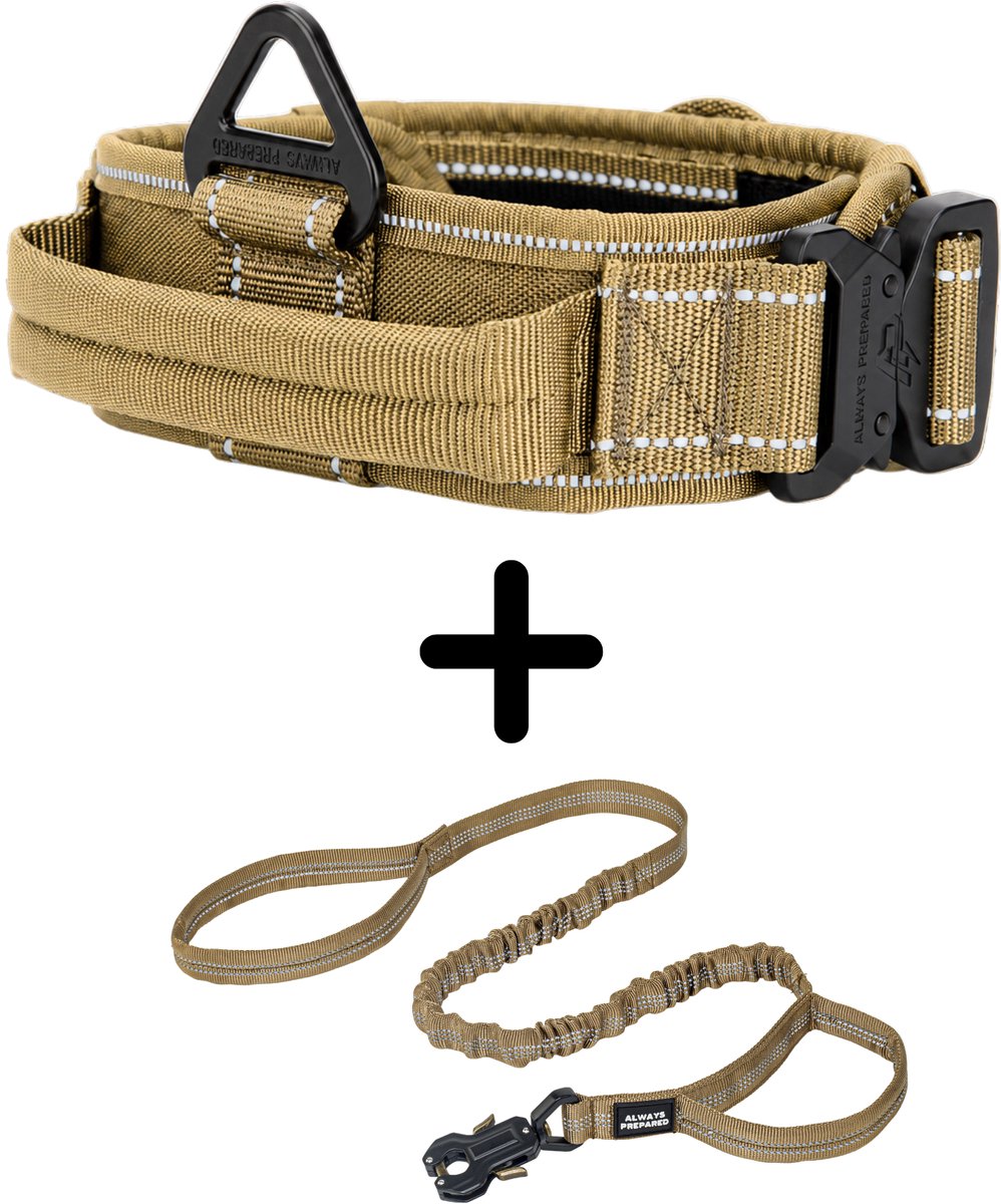 Always Prepared® Pro Combi Deal - Halsband + Riem - Set voor Middel en Grote Honden – Khaki Reflecterend