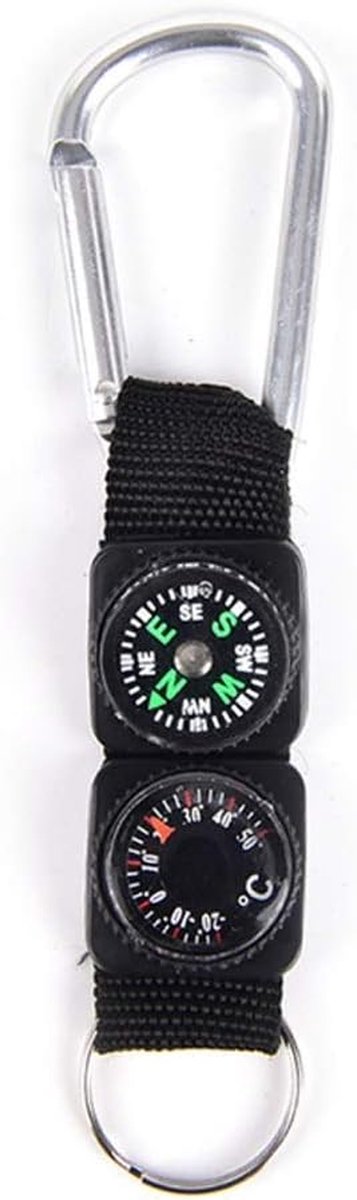 Kompas Thermometer Sleutelhanger - Multitool Outdoor - Navigatie en Temperatuur - 3-in-1 Functie - 12.5 cm Lengte - Zwart