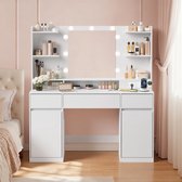 Conway Living® - Coiffeuse XXL - Coiffeuse avec miroir - 9 lampes LED - Avec 2 prises et USB A & USB C - 3 tiroirs et 2 armoires avec 8 étagères - 144x110x40 cm - Blanc