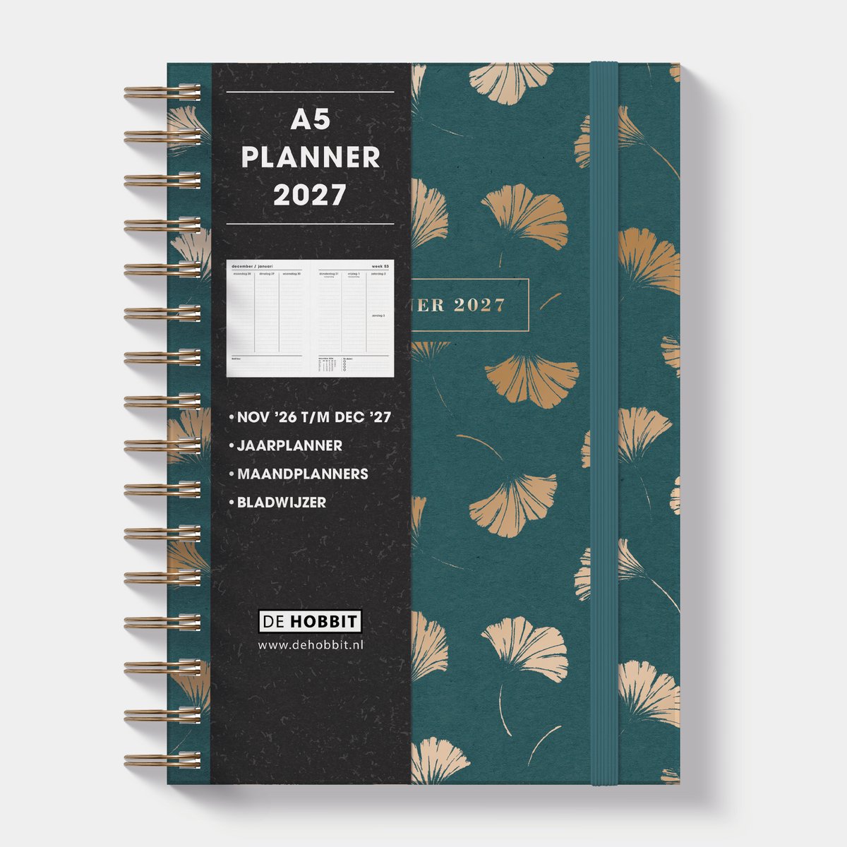 Hobbit - A5 Planner 2027 - A5 (21,7 x 15,5 cm) - Spiraalgebonden - Agenda A5 - 1 week over 2 pagina's - Harde Kaft - Ginkgo Goud