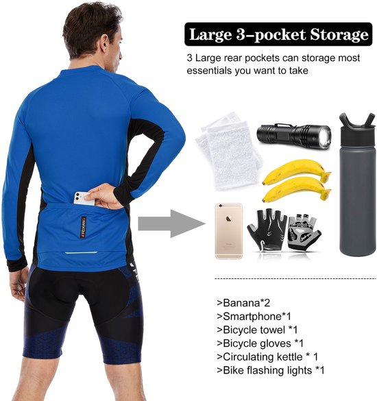 MEETYOO Fietsshirt Heren, Lange Mouw Fietstop voor Mannen, Ademend, voor Lange Afstand Fietsen, Volledige Ritssluiting, met Achterzakken -Blauw XXL — afbeelding 2