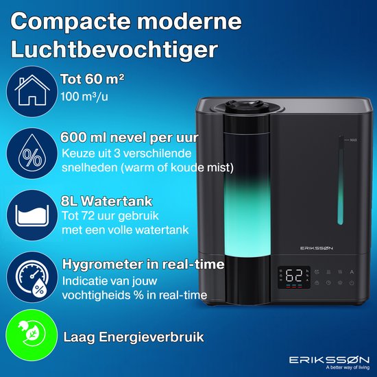 Zwarte Erikssøn luchtbevochtiger met groen oplichtende tank, digitaal display met '62', geschikt voor 60m², 8L tank en 600ml/u nevel.