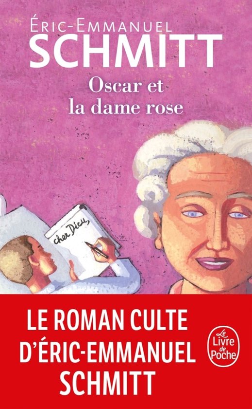 Boekcover met tekst 'Oscar et la dame rose' van Éric-Emmanuel Schmitt. Een jongen schrijft een brief, naast een portret van een vrouw met een pruik.