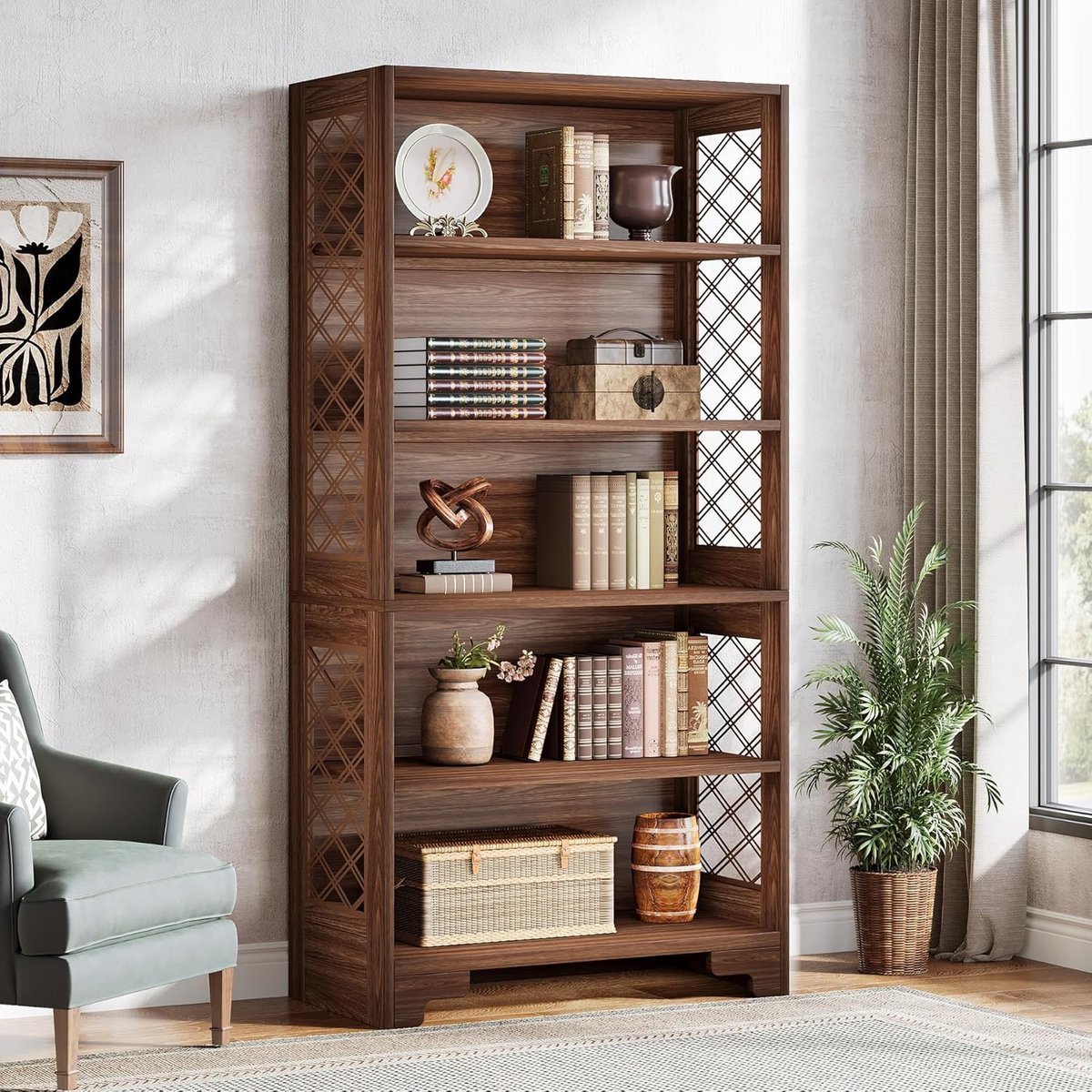 Tribesigns Boekenkast - vintage vrijstaande plank met 6 Planken - Industrieel - Spaanplaat - Bruin - voor woonkamer, thuiskantoor - 80 x 30 x 180 cm