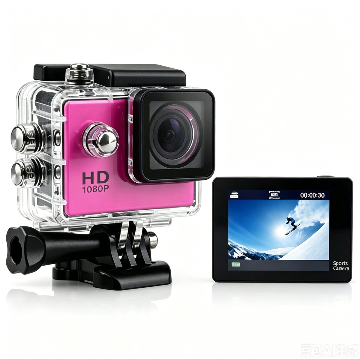 Camera-Action Camera Full HD 1080P - Waterdichte Onderwatercamera 30M - Sportcamera met 140° Groothoeklens en 2.0 Inch IPS Scherm - Motorhelm Camera met 3 Uur Batterijduur - Inclusief Accessoireset-roze