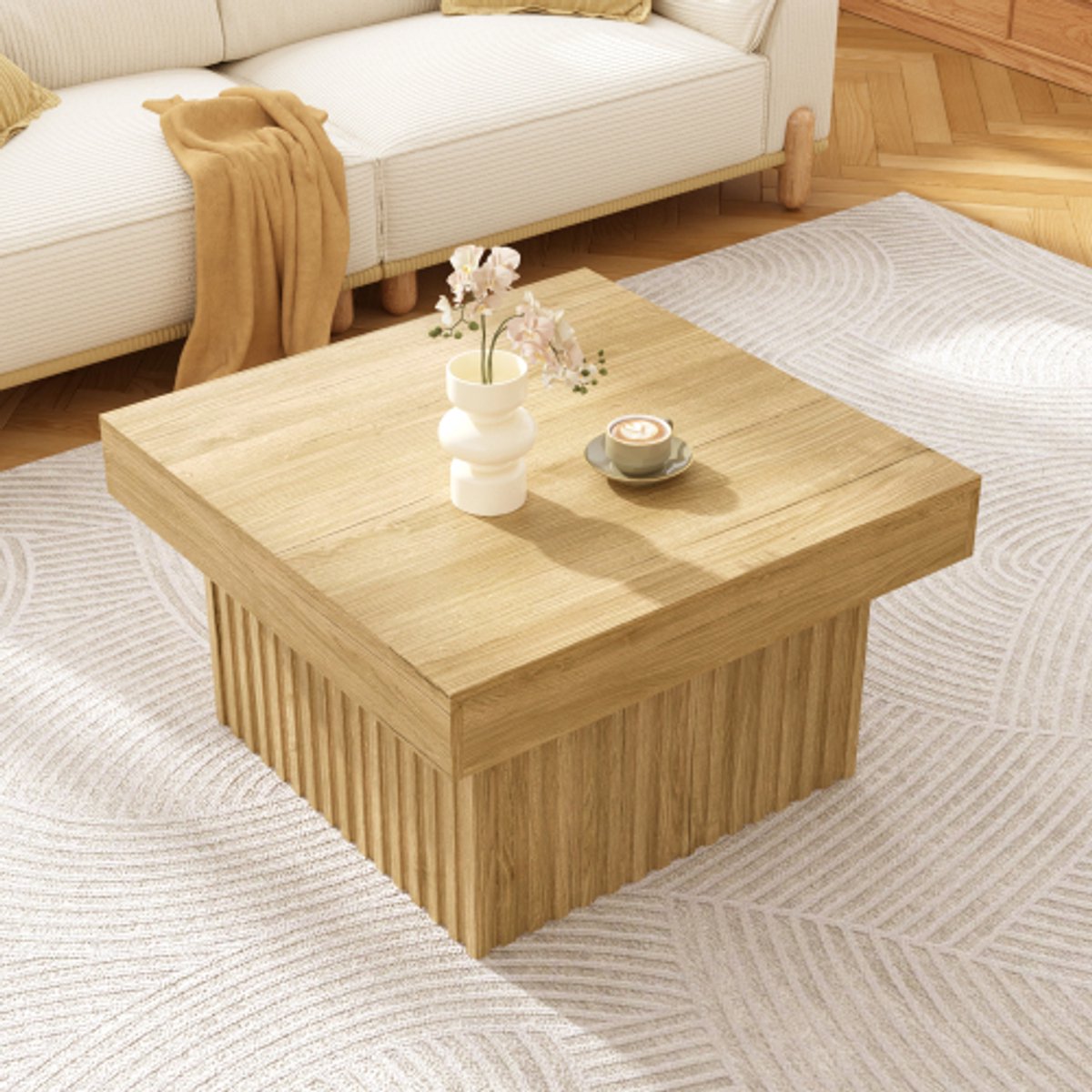 Lemonbest Vierkante Salontafel 79 x 79 x 46 cm - Koffietafel met Houtlook Tafelblad en Geribbelde MDF Voet - Naturel