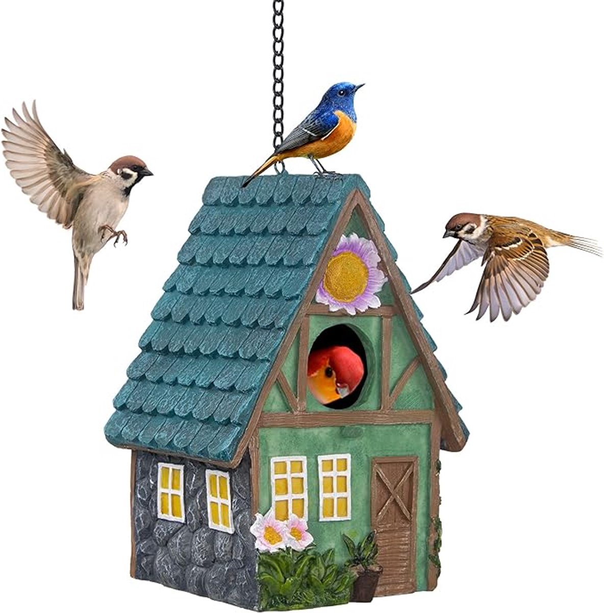 Vogelhuisje van Kunsthars - Handbeschilderd decoratief-Hangend vogelhuisje - Voor Kleine Vogels - Weerbestendig - Kan gebruikt worden om te nestelen in tuinen, op terrassen en patio's
