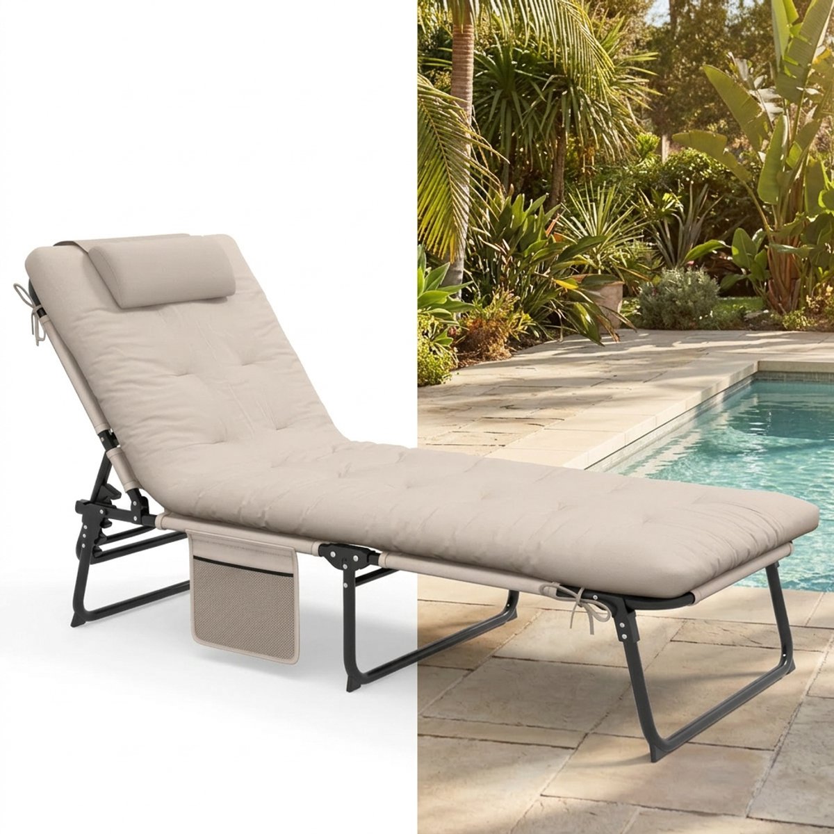 Ligbed - Kampeerbed - Vouwbed - Veldbed - Stretcher- Loungebed - Campingbedje - Opvouwbaar - 1 Persoons - Beige