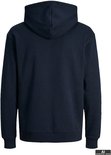 Achterkant van een effen donkerblauwe hoodie.