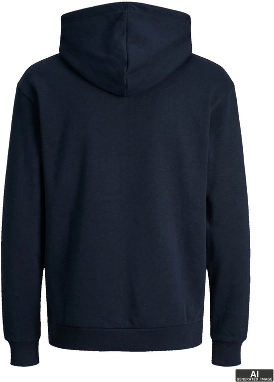 Achterkant van een effen donkerblauwe hoodie.
