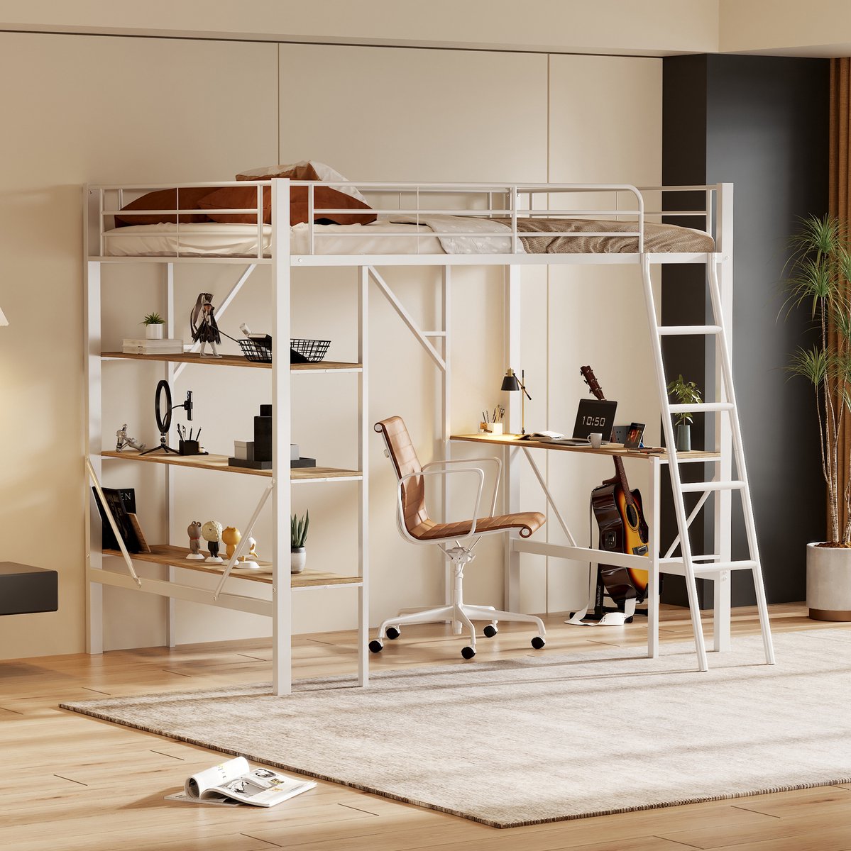 MEUNIQ Hoogslaper 90x200 cm met bureau, drie opbergrekken, vaste ladder en uitvalbeveiliging, metalen bedframe met MDF voor slaapkamer in wit