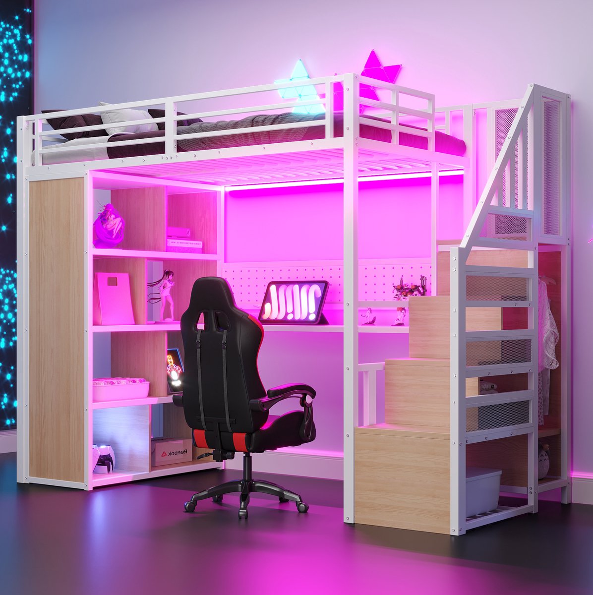 MEUNIQ Hoogslaper 90 x 200 cm met bureau, trap met opbergruimte, kleerkast, opbergvakken, LED-verlichting en perforatiepaneel, wit White