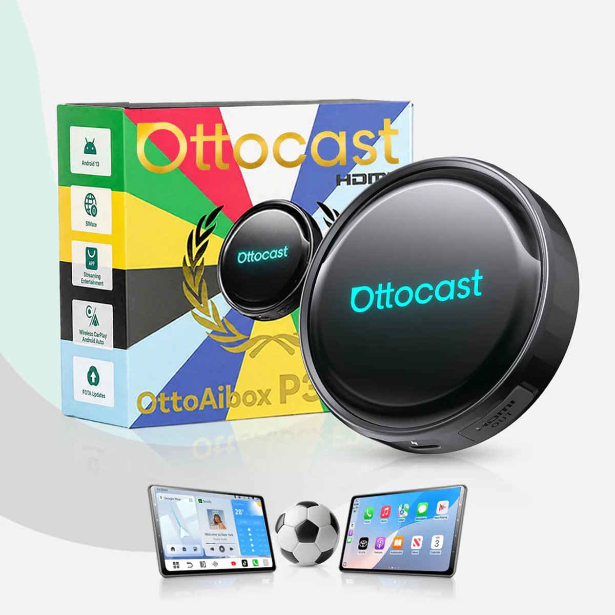 Ottocast OttoAibox P3 Pro - Draadloze CarPlay & Android Auto AI Box - AI Assistent met ChatGPT & Gemini - Android 13 - 8GB/128GB - HDMI - Netflix & YouTube