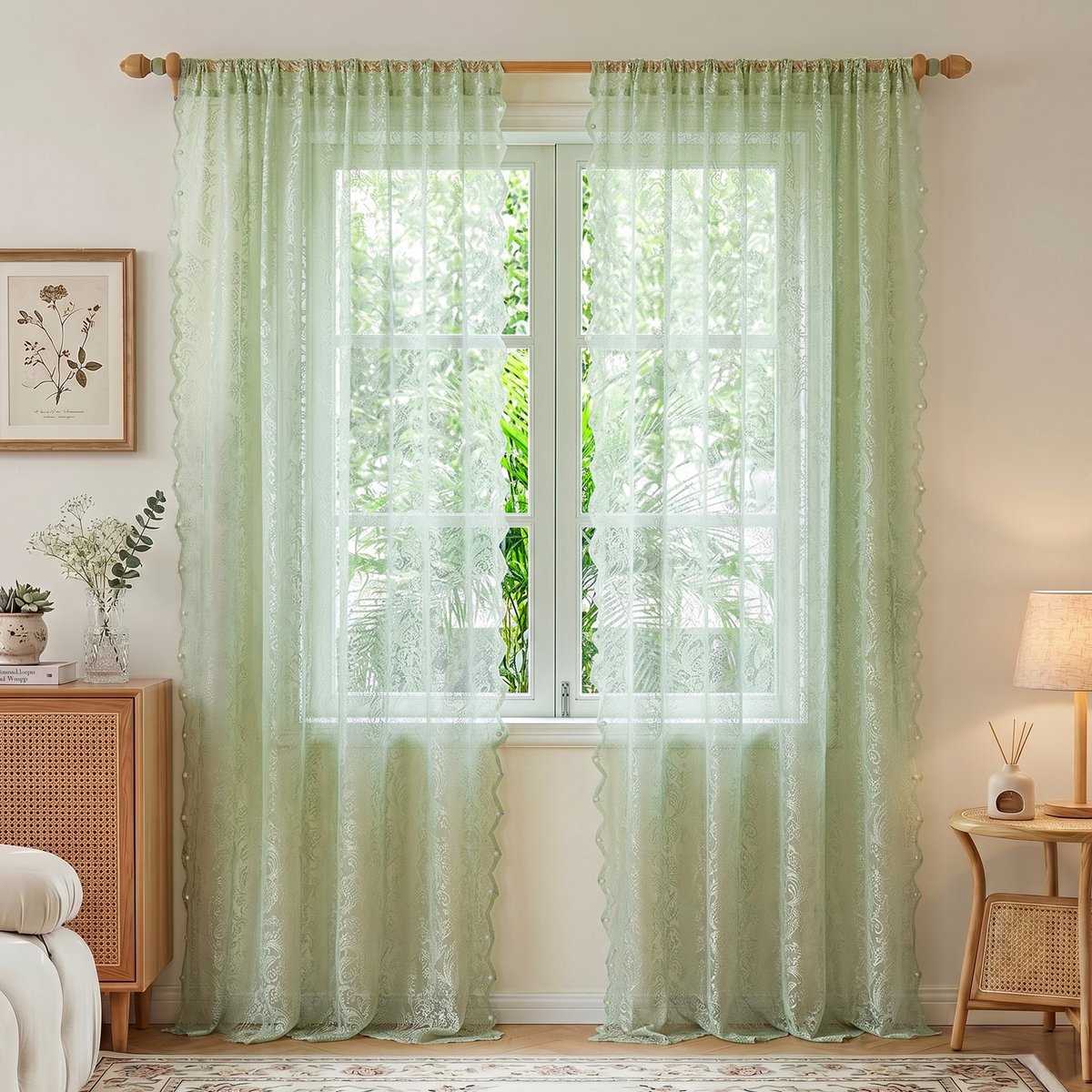 MUPOO Vitrages Kant en Klaar - Mintgroene Kanten Vitrage Gordijnen met Bloemenmotief - Lichtdoorlatend &Luchtig -Voile Gordijnen met Tunnelzoom voor Slaapkamer/Woonkamer - 140 x 215 cm-2 stuks