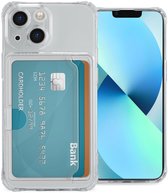 Transparante telefoonhoes met kaarthouder en creditcard, naast een telefoon.