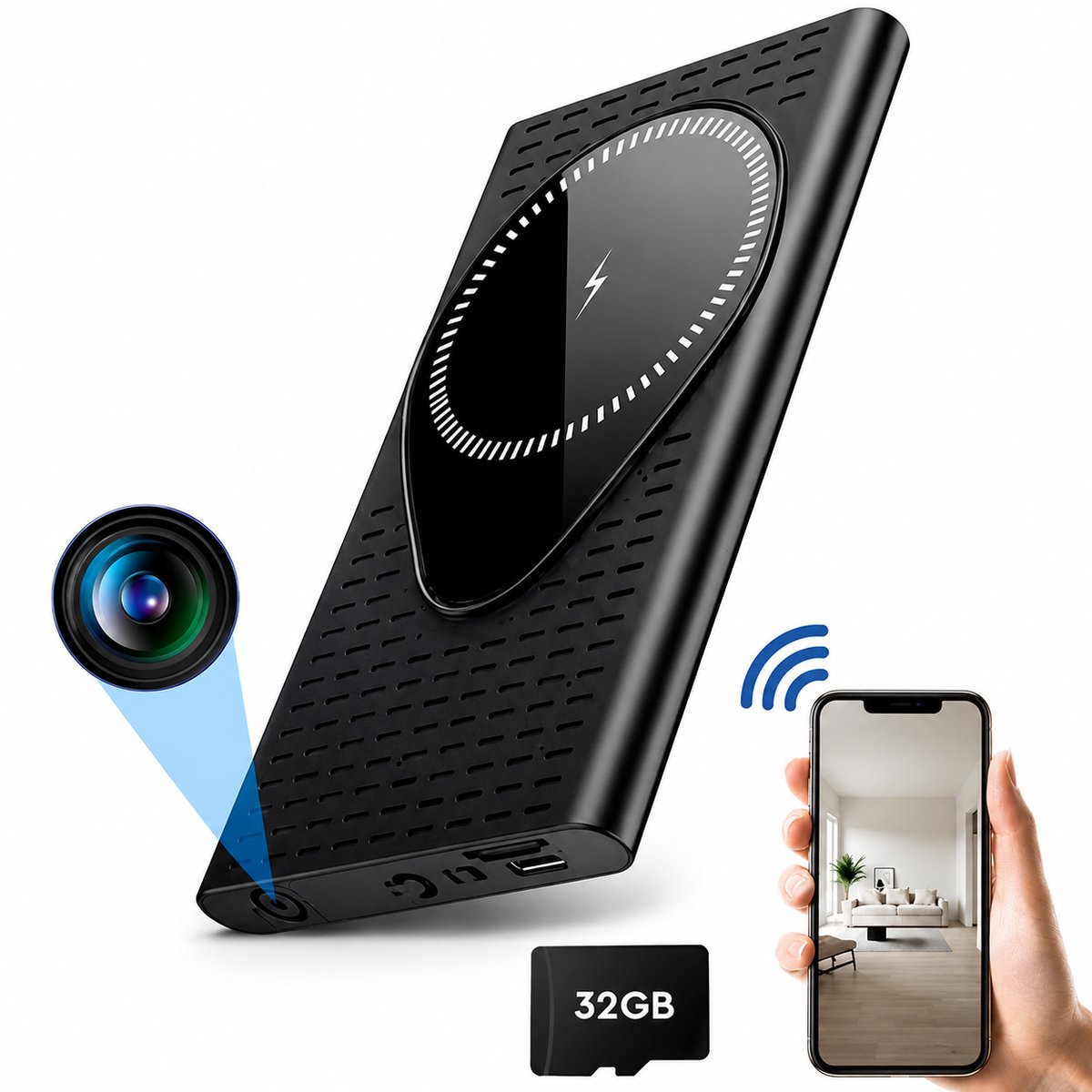 BP® Spy Camera Powerbank - Verborgen Camera met Draadloze Oplader - Afluisterapparatuur - Spionage Camera - Werkt met App - Bewegingsdetectie - Nachtzicht - FULL HD 1080P - Inclusief 32 GB SD Kaart