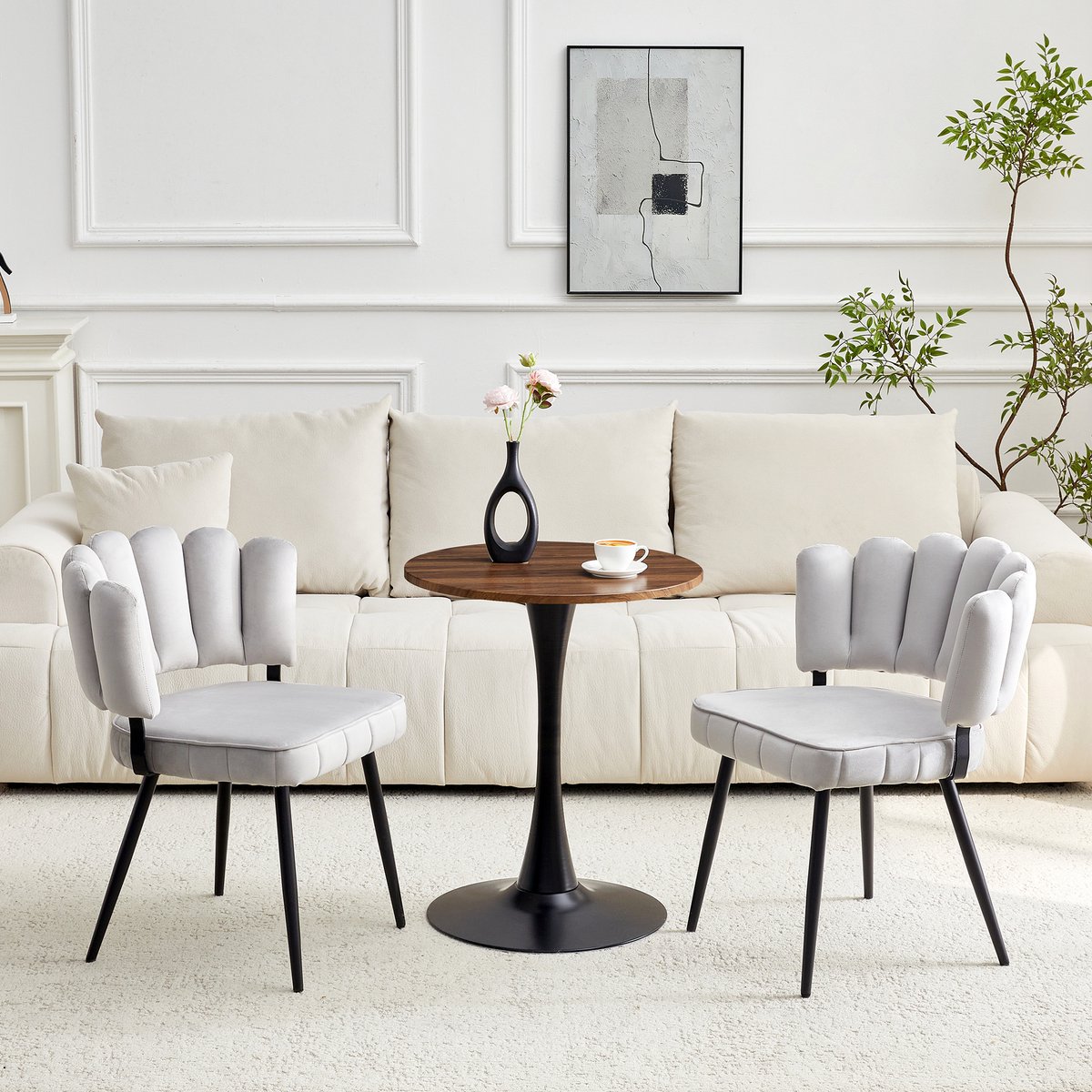 OKWISH Eethoek Set 60 Cm - Ronde Tafel Met 2 Eetkamerstoelen - Fluwelen Rugleuning - MDF En Metaal - Lichtgrijs Lichtgrijs, Walnootkleur En Zwart