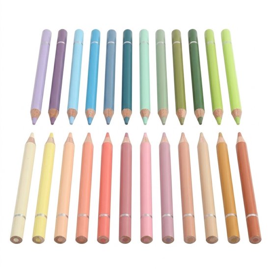 Een set van 24 houten kleurpotloden in pastelkleuren, gerangschikt in twee rijen.