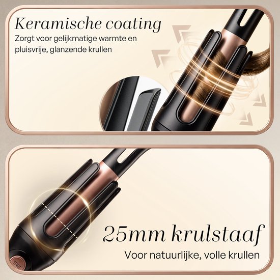 Zwarte en roségouden automatische krultang met 25mm krulstaaf en keramische coating.