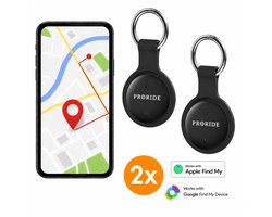 Proride® Tracker Dual 2 stuks - Smarttag - GPS Tracker - Apple Find My en Android/Google Find My Device - Airtag Alternatief - Sleutelvinder/Keyfinder met Sleutelhanger - Koffer - Bagage - Fiets, Fatbike, Scooter, Auto, Fiets, Kat & Kind - Zwart