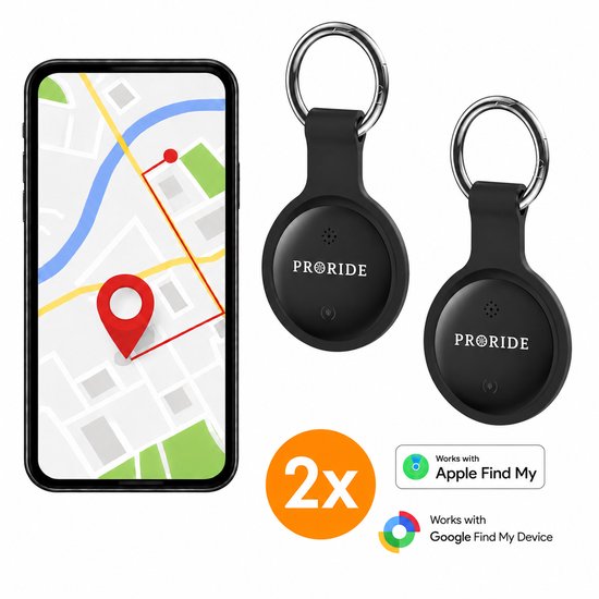 Telefoon toont een kaart met een pin. Twee zwarte Proride trackers met sleutelhangers. Werkt met Apple Find My en Google Find My.