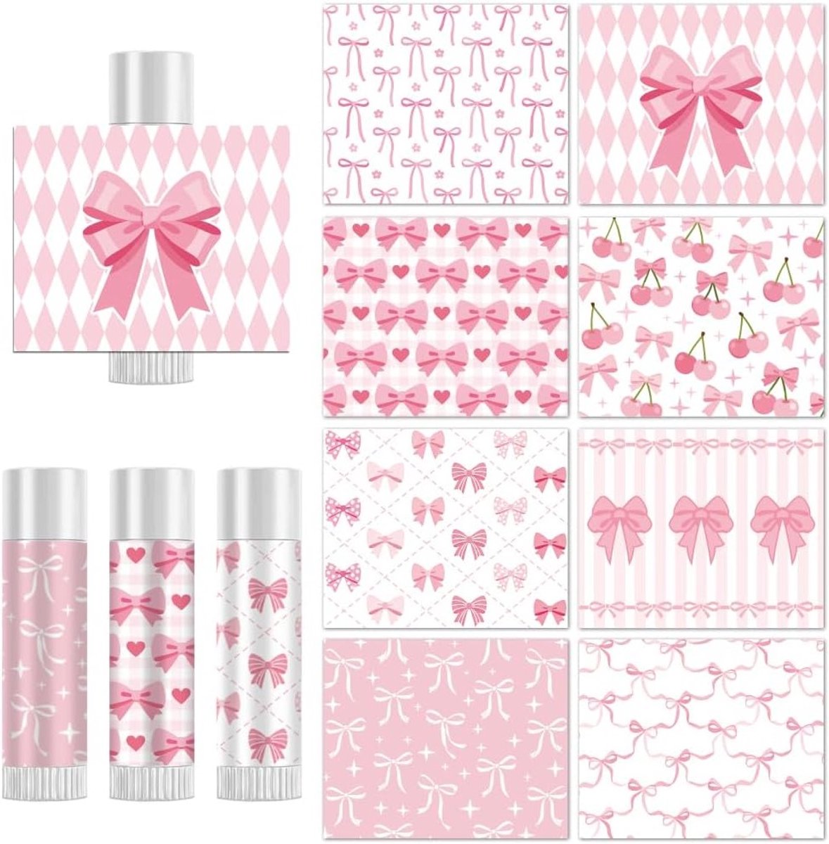 160 Adhesive Labels voor Lip Balm, 5 x 4 cm, Waterproof Glossy Stickers voor Feestjes, Trouwen en Kids Shower, 8 Stijlen in Roze en Kersenknoop