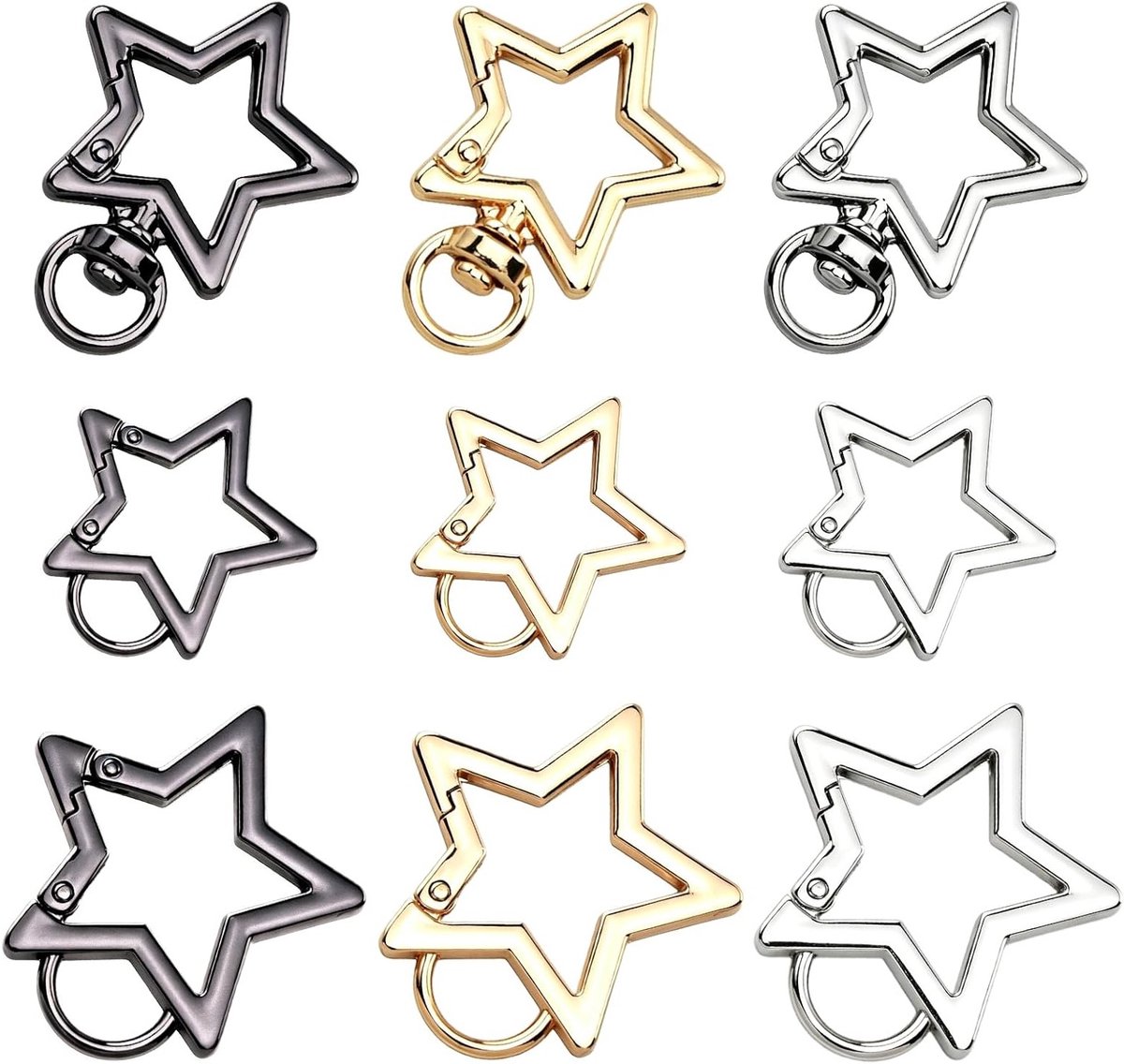 9 stuks sterrenkarabijnhaken in 3 maten en kleuren, ideale sleutelhangers en accessoires voor kamperen, vissen, outdoor activiteiten en wandelen