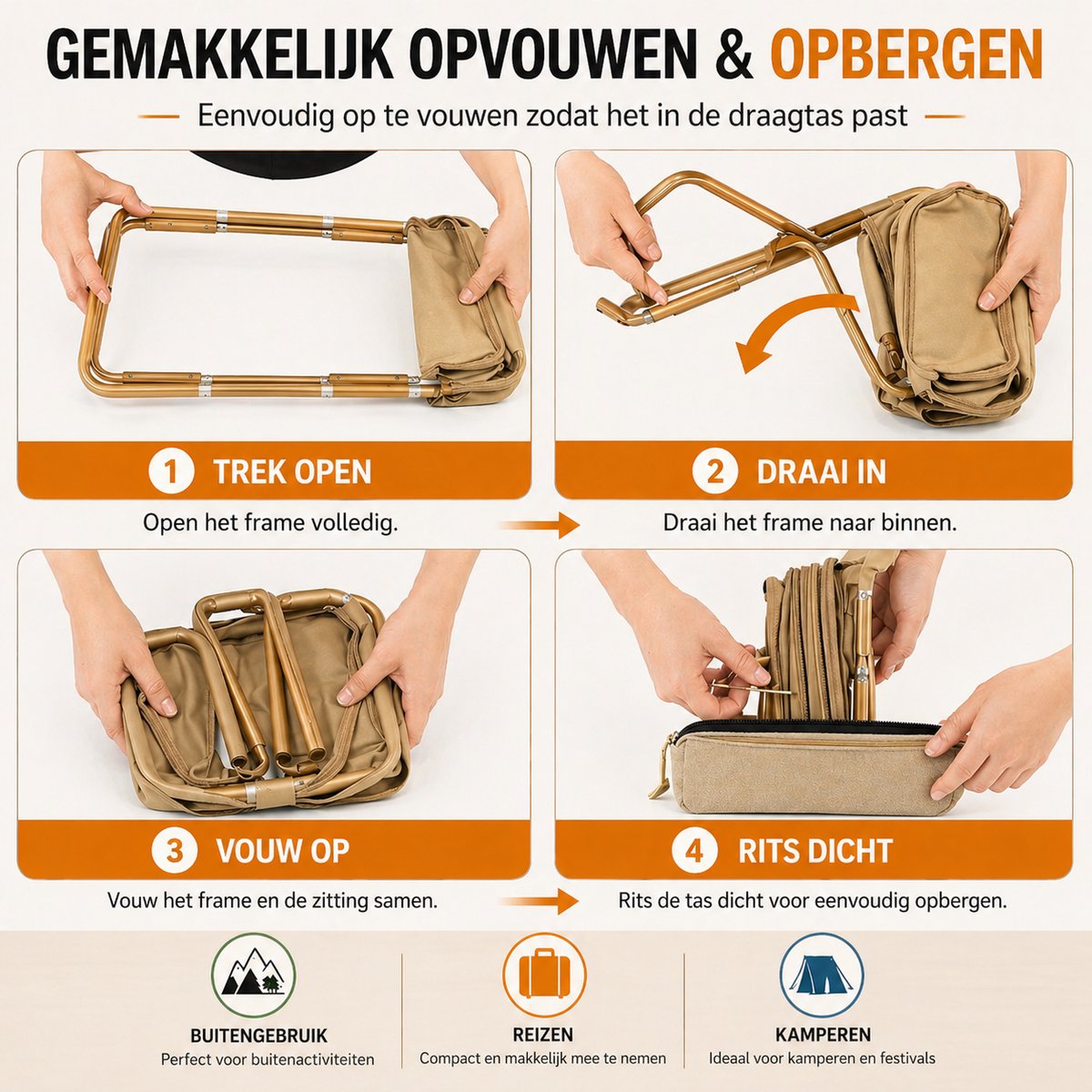 Heuts Goods - Mini Campingstoel - Vouwstoel - Campingstoel Opvouwbaar - Strandstoel - Kampeerstoel - Makkelijk Draagbaar - Inklapbaar - Lichtgewicht - Beige — cadeau in Sport & Outdoor - foto 2