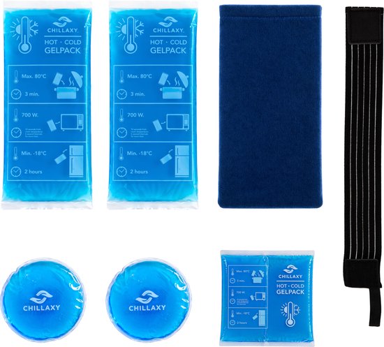 Set: 2 blauwe gelpacks, 1 blauwe hoes, 1 elastische band en 2 ronde blauwe gelpacks.