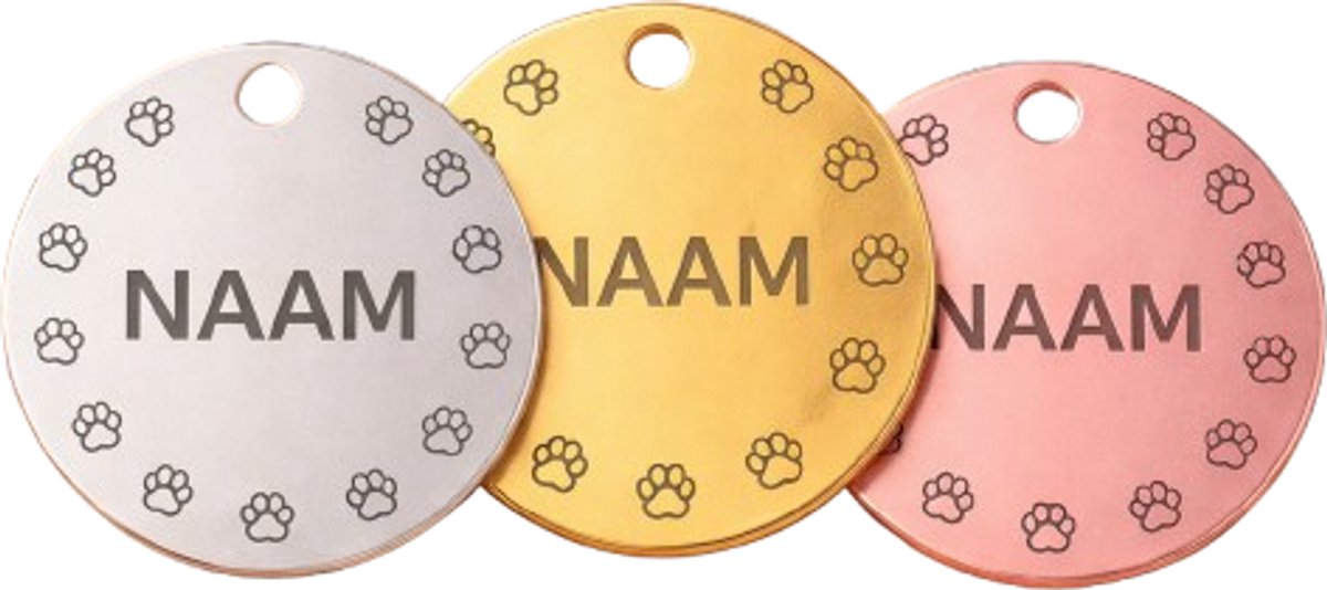 Hondenpenning-RVS-Rose-Pootjes-met QR-Code-3cmx3cm-snelle levering-altijd aanpasbaar-naamplaatje hond