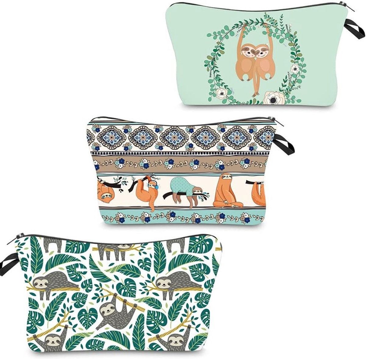 Set van 3 Multifunctionele Waterdichte Make-up Tassen voor Reizen, Cosmetica en Toilettasjes met Schattige Luiaard Ontwerp