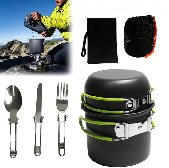 Camping kookset - Kookgerei - Inclusief bestek - Outdooruitrusting - Geschikt voor 1-2 personen - Draagbaar kookgerei voor kamperen - Geschikt voor kamperen, buitenactiviteiten, wandelen, picknicks en barbecues - Groen - Aluminiumlegering — afbeelding 3