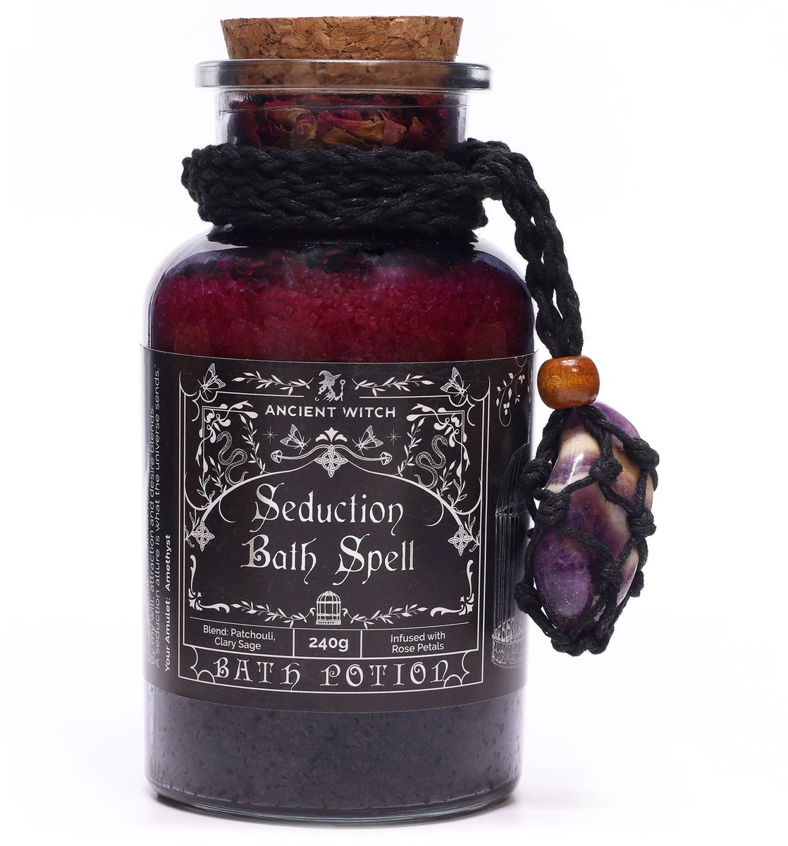 Ancient Witch Bath Spell Potion & Amethyst Crystal Amulet - Seduction