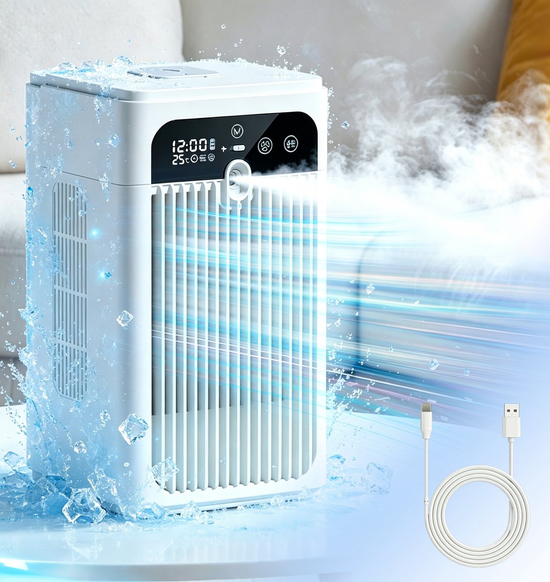 Draagbare Luchtkoeler met Verneveling - 3-in-1 Mini Air Cooler, Ventilator en Luchtbevochtiger - Stil 20 dB - Oplaadbaar - 370 ml Watertank