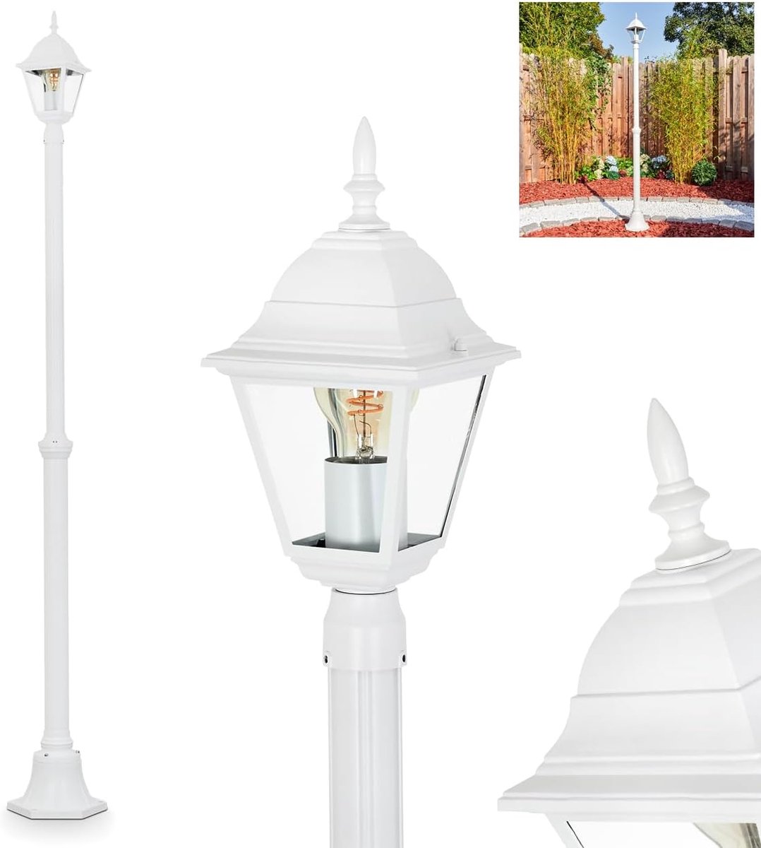 Kandelaar Buiten - Padverlichting Metaal - Tuin Verlichten - Vintage Landhuisstijl - Hoogte 196 cm - Wit Glas