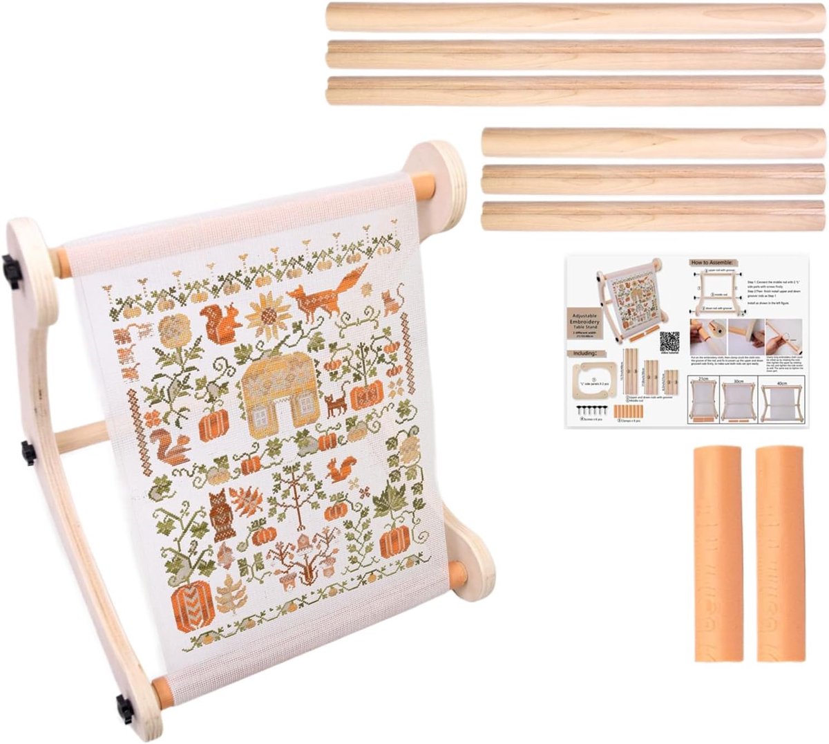 Borduurframe Houten Standaard - Borduurrolframe Handwerk - Creatief Borduren - Antislip Stabilisatie - Verstelbaar - Houtkleur