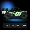 Zijaanzicht van groene 'Acid Runner' RC auto, met specificaties: 30 km/u, 1:20 schaal, 80m bereik, 4x4.