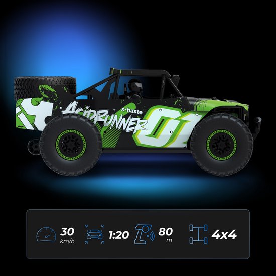 Zijaanzicht van groene 'Acid Runner' RC auto, met specificaties: 30 km/u, 1:20 schaal, 80m bereik, 4x4.