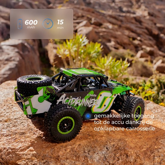 Groene 'Acid Runner' RC auto op rotsachtige ondergrond, met 600 mAh batterij en 15 min speeltijd.