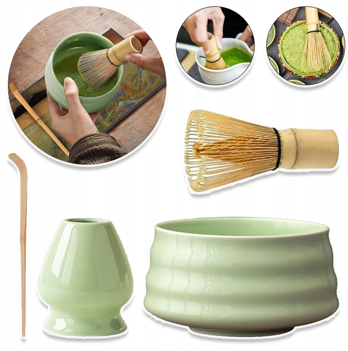 Complete Matcha Ceremonie Set - Bamboe Garde (Chasen) Lepel Geglazuurde Kom & Keramische Houder - Traditionele Japanse Theebenodigdheden - Groen & Houtkleur