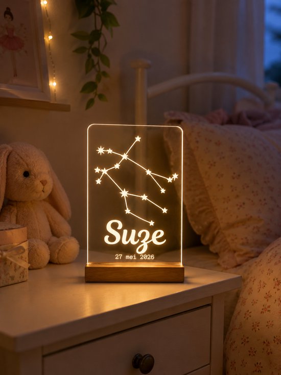 Sterrenbeeld lampje Tweelingen - gepersonaliseerd met NAAM en GEBOORTEDATUM - LED 11cm x 16cm van Laserloom — afbeelding 2